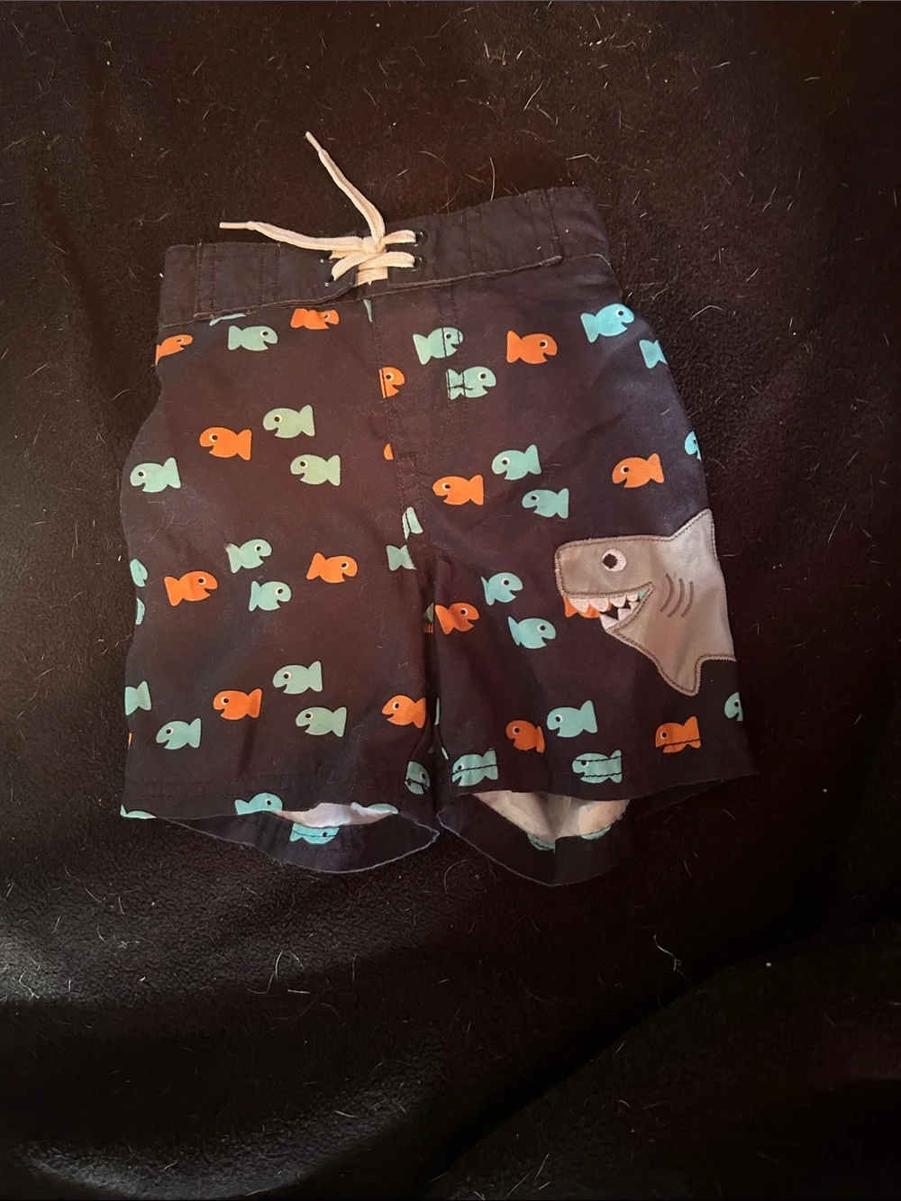 Gymboree Navy Swim Shorts with Orange & Aqua Fish and Shark Patch